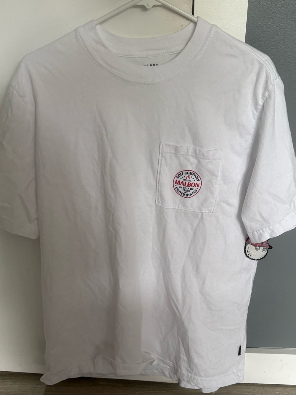 Malbon White Short Sleeve Pocket Tee with Red Logo